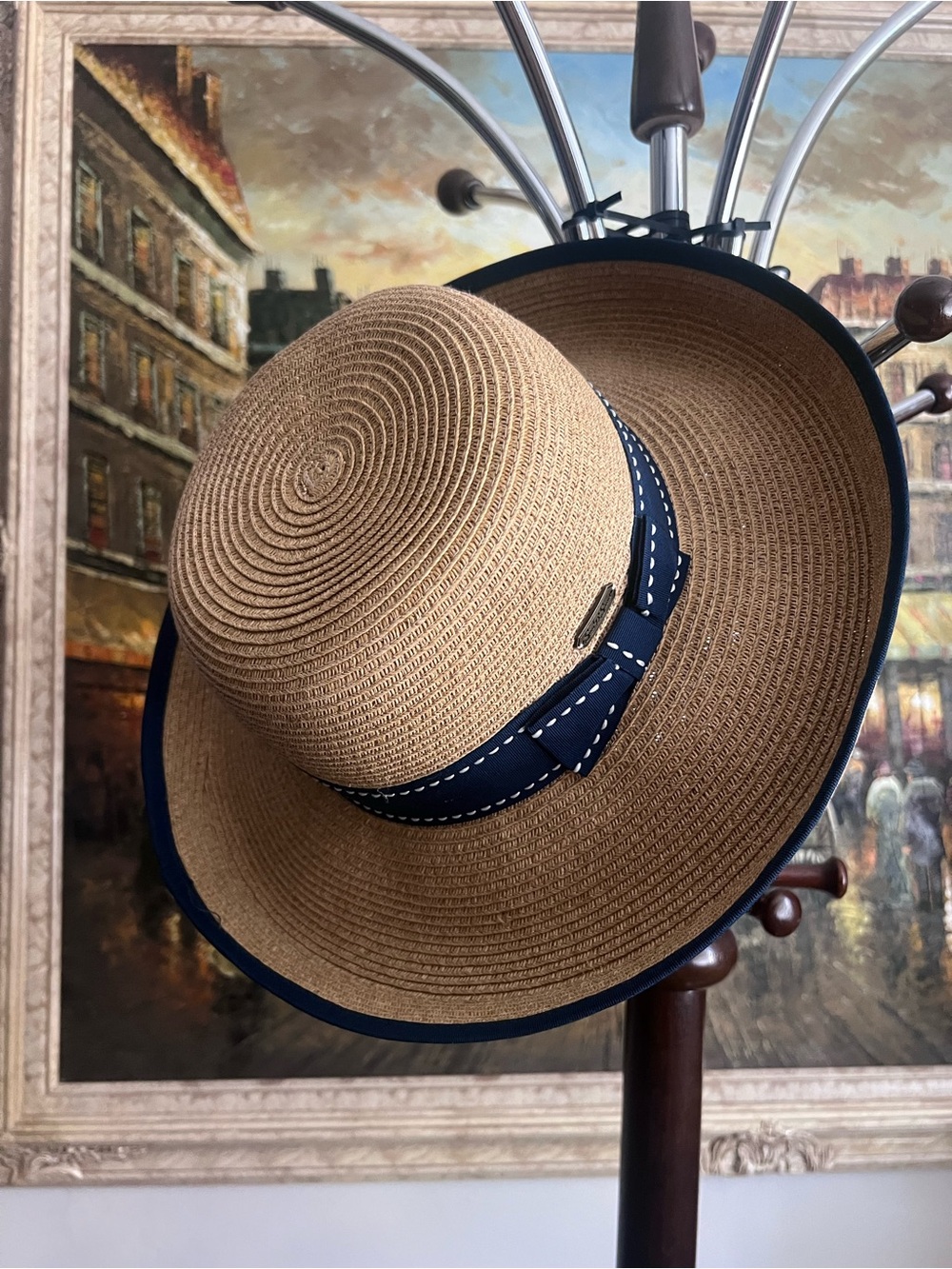 Wide Brim Straw Sun Hat with Navy Ribbon